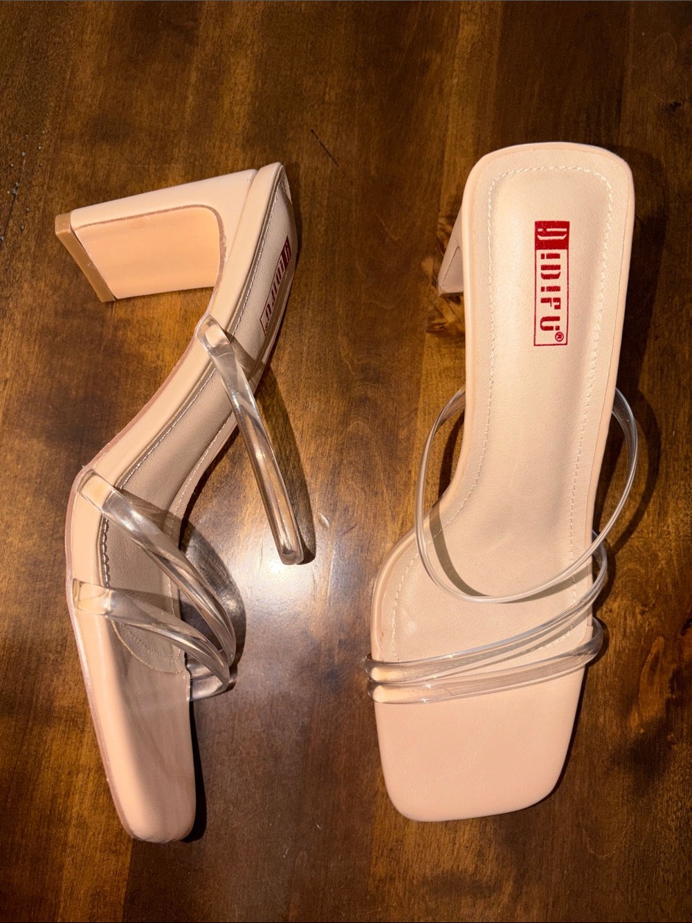 IDIFU High Heels Strappy Square Toe Three Strap Slip On Clear Nude Size 8